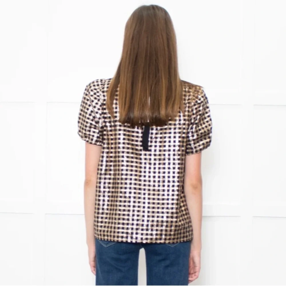 J. Crew Lurex Metallic Gold & Black Plaid Puff Sleeve Top, Size Medium, NWT - Picture 16 of 16